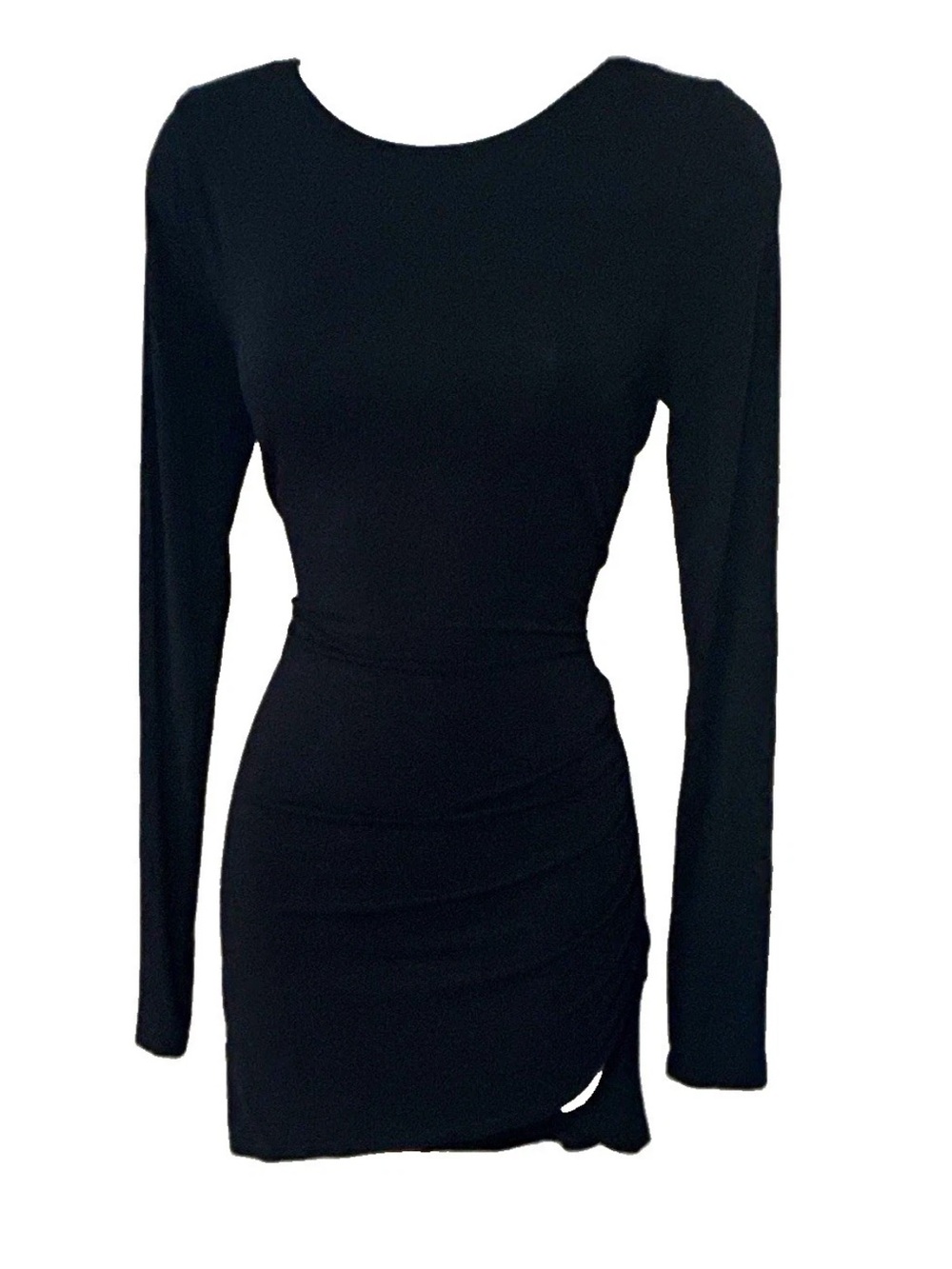 Forever 21 Black Solid Scoop Neck Long Sleeve Ruched Stretch Bodycon Dress M